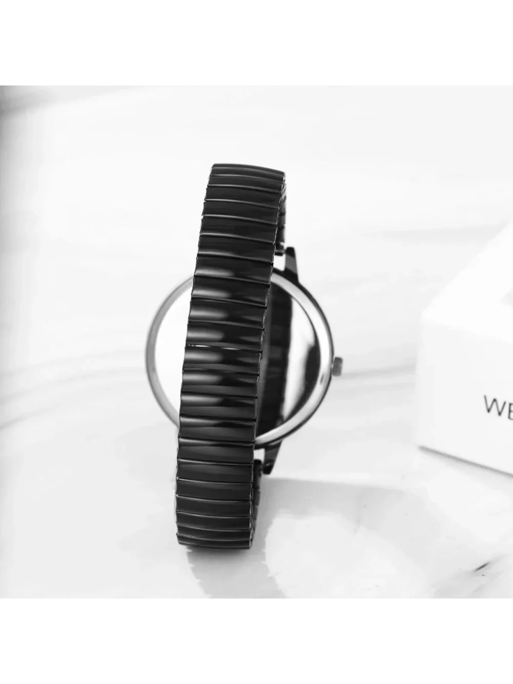 Women's Black Analog Quartz Luminous Dial Easy Reader Stretch Band Wrist Watch